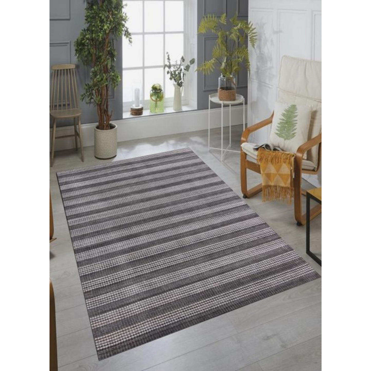 9 x 12 Dark Grey & White Striped Hand Loomed Rug