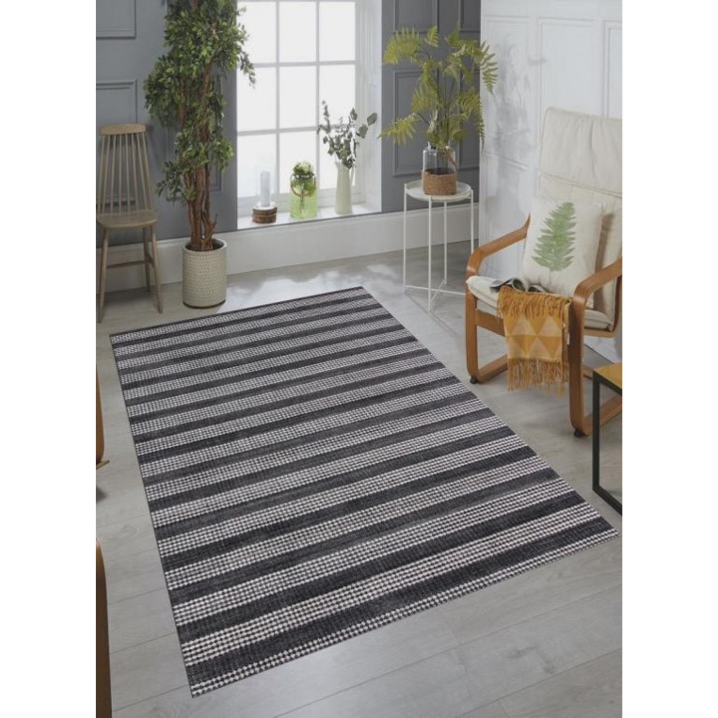 9 x 12 Black & White Striped Hand Loomed Rug