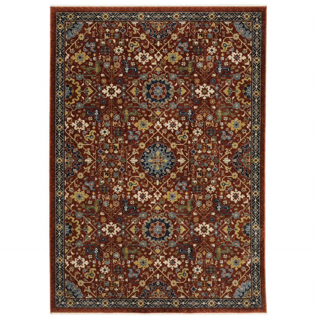 10 x 13 Red Blue Gold & Ivory Oriental Power Loom Stain Resistant Rug With Fringe