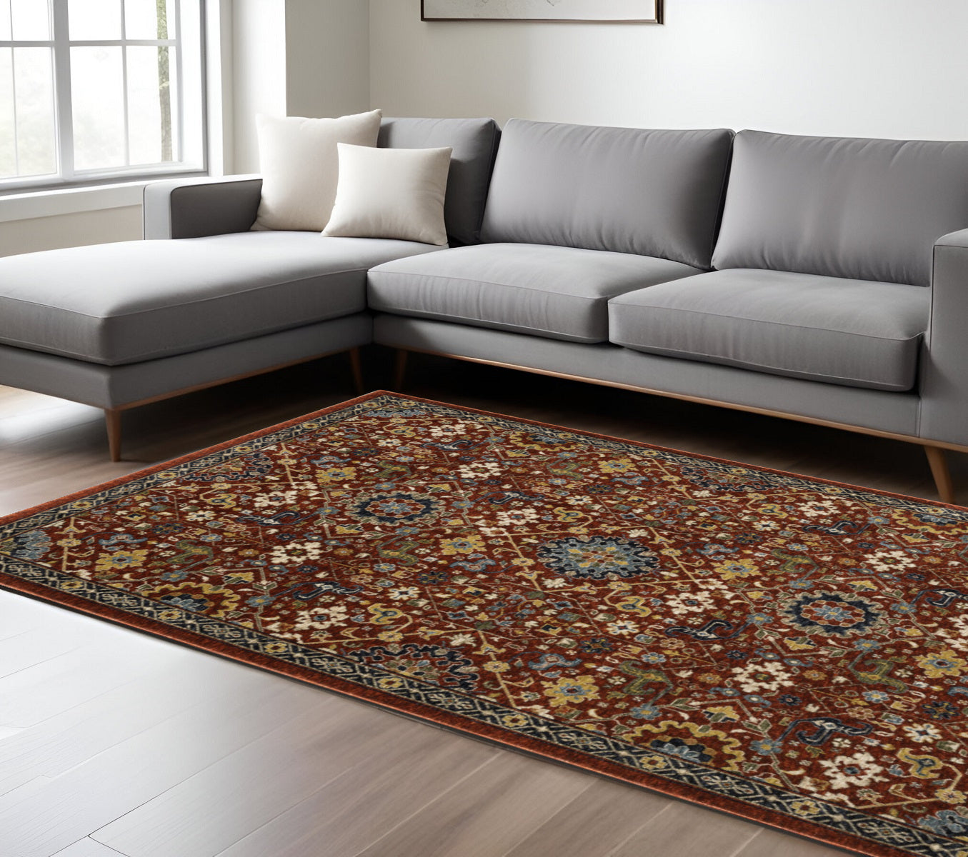 10 x 13 Red Blue Gold & Ivory Oriental Power Loom Stain Resistant Rug With Fringe