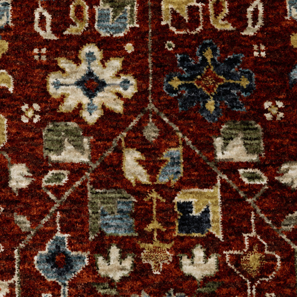 10 x 13 Red Blue Gold & Ivory Oriental Power Loom Stain Resistant Rug With Fringe