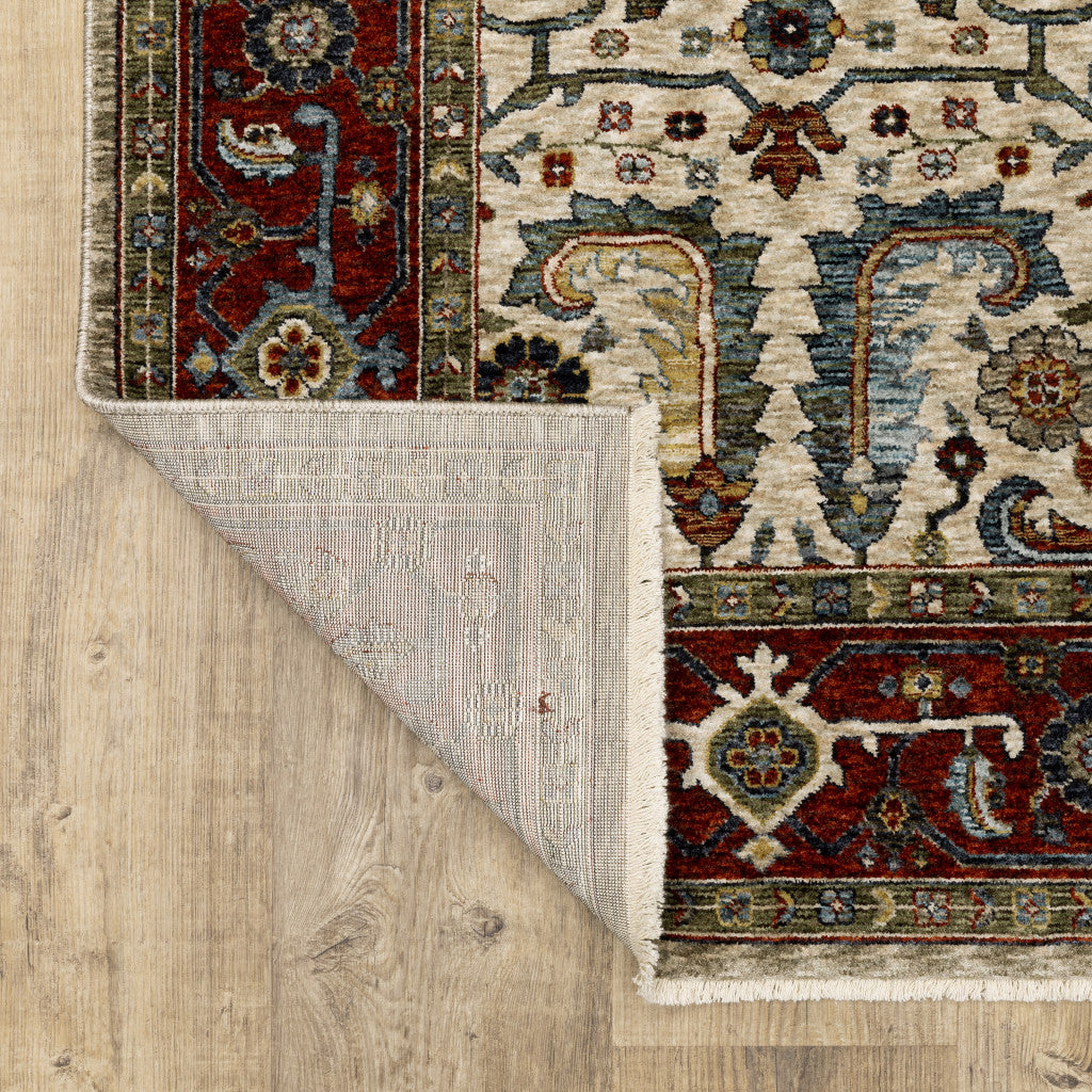 10 x 13 Ivory Red Green Grey Blue & Navy Oriental Power Loom Stain Resistant Rug With Fringe