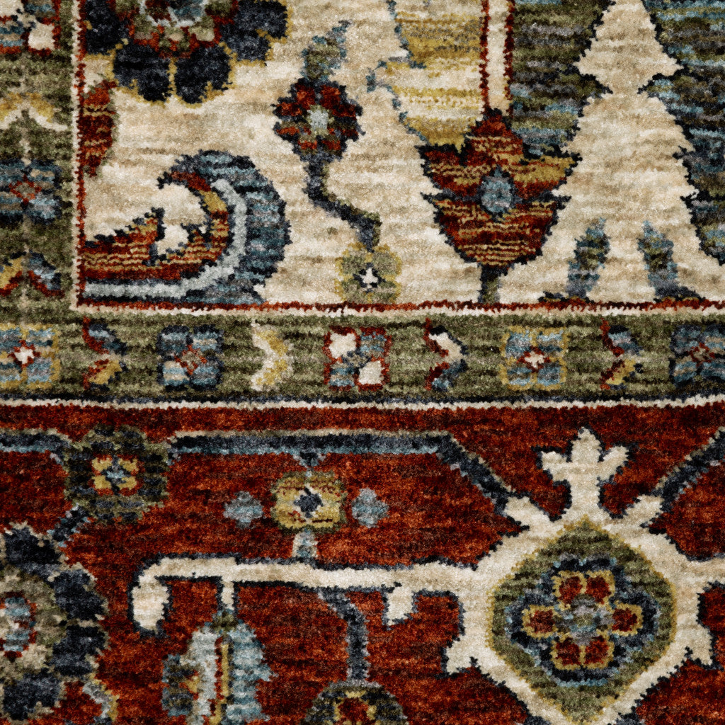 10 x 13 Ivory Red Green Grey Blue & Navy Oriental Power Loom Stain Resistant Rug With Fringe