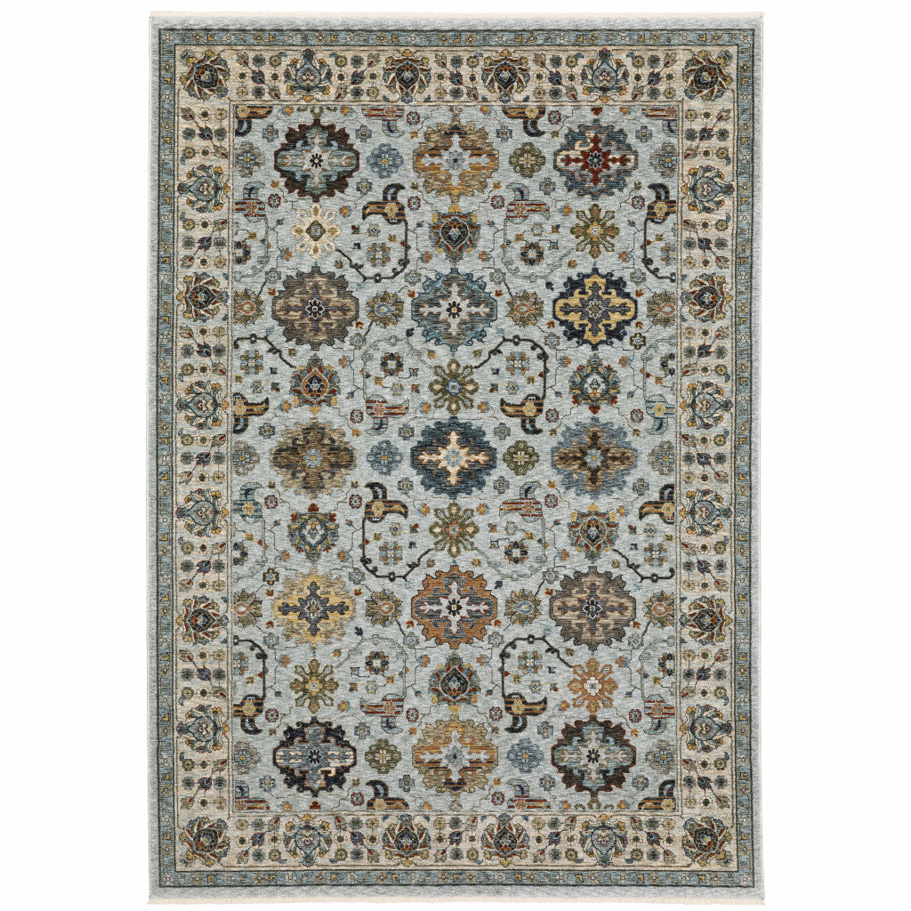 10 x 13 Blue Beige Grey Green Yellow & Rust Oriental Power Loom Stain Resistant Rug With Fringe