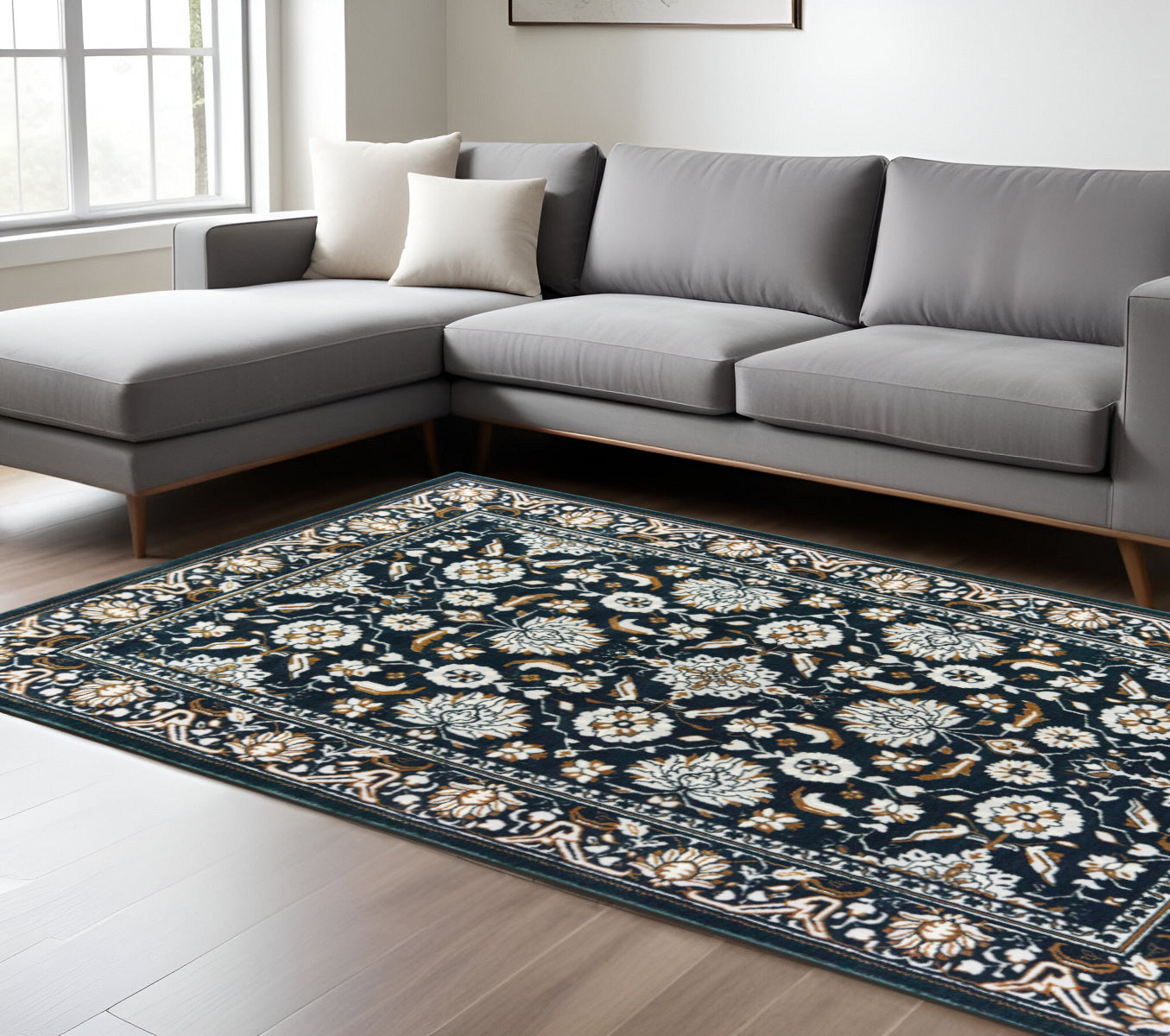 10 x 13 Navy Caramel & Ivory Oriental Power Loom Stain Resistant Rug