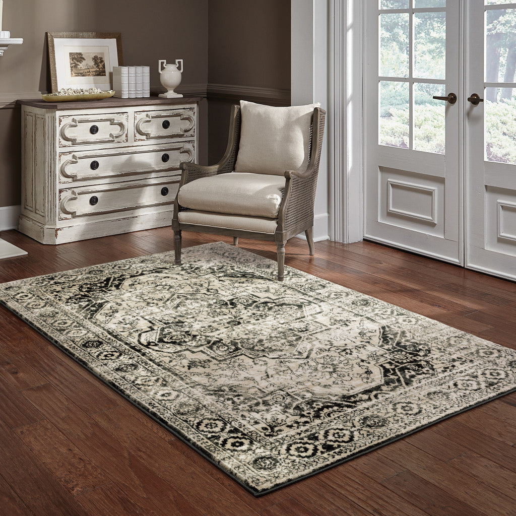 10 x 13 Black Grey Tan & Ivory Oriental Power Loom Stain Resistant Rug