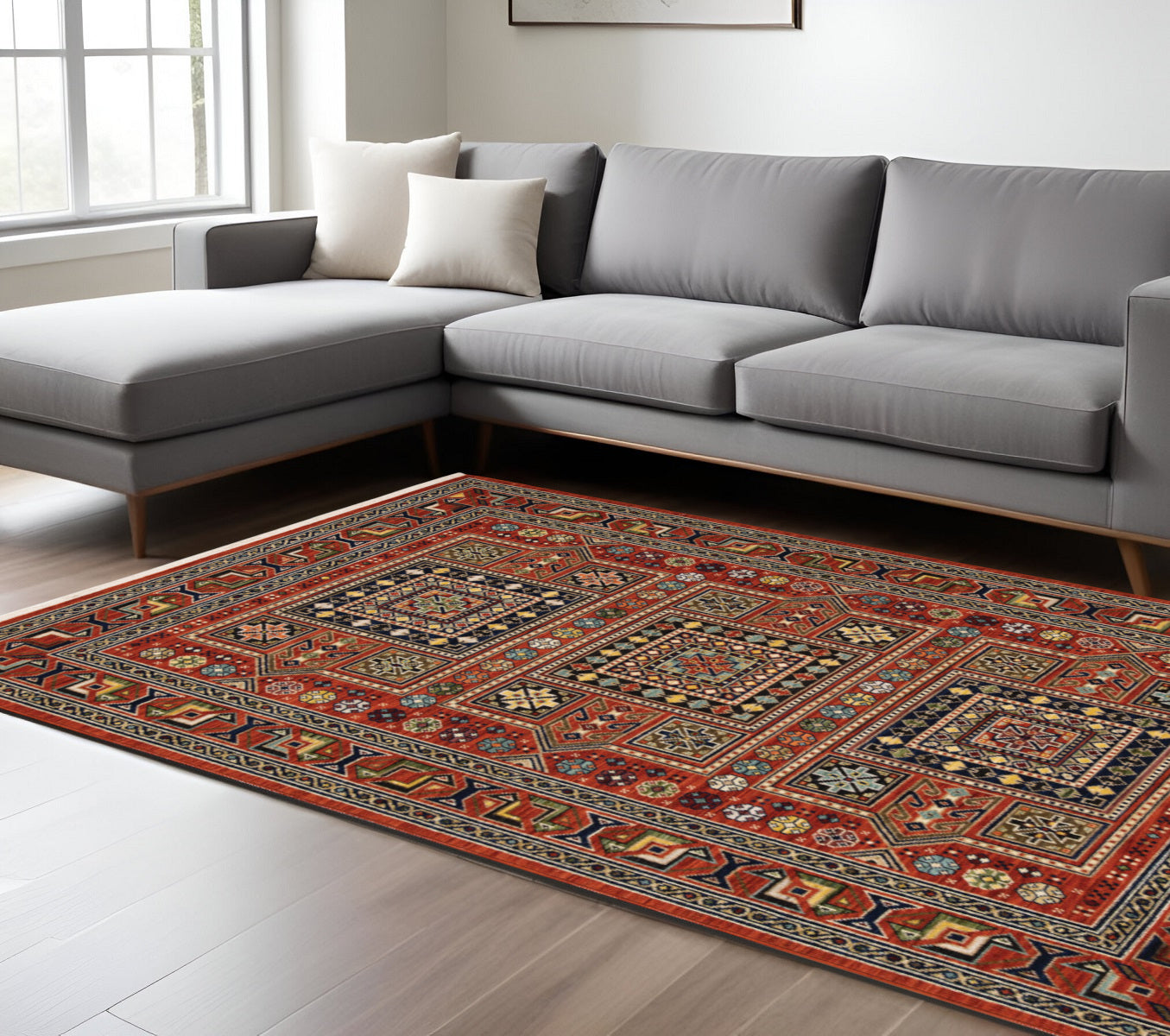 10 x 13 Red Blue Beige & Green Oriental Power Loom Stain Resistant Rug With Fringe