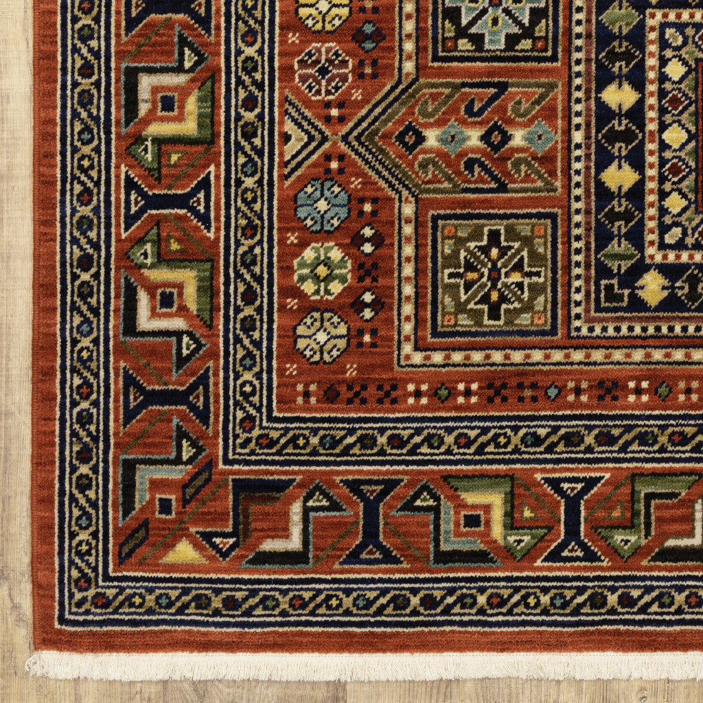 10 x 13 Red Blue Beige & Green Oriental Power Loom Stain Resistant Rug With Fringe