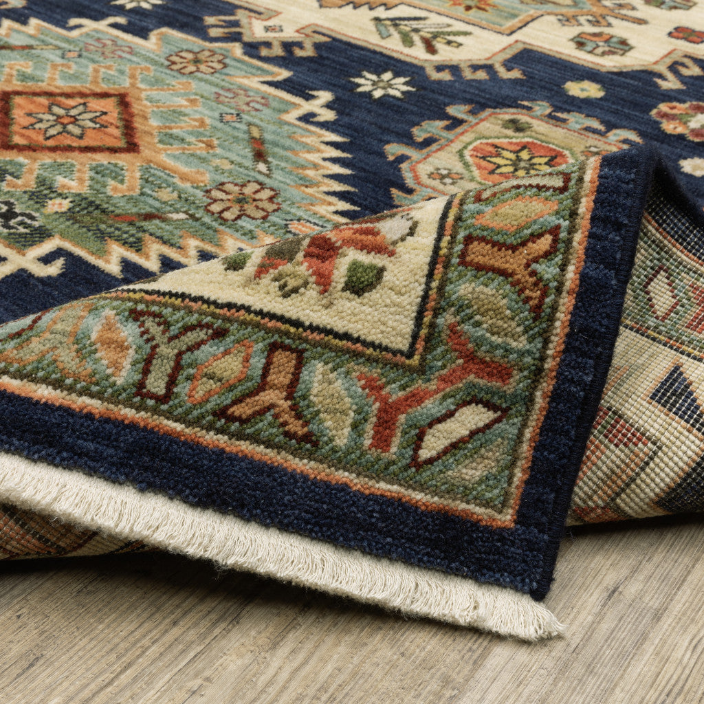 10 x 13 Navy Charcoal Orange Rust Gold Pale Blue Olive Beige & Salmon Oriental Power Loom Stain Resistant Rug With Fringe
