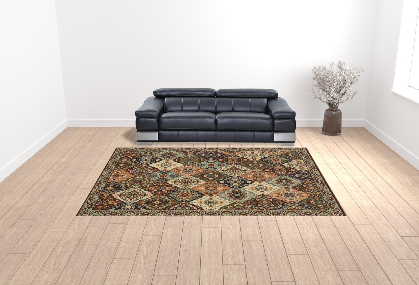 10 x 13 Red Rust Navy Light Blue Brown Orange Ivory & Gold Oriental Power Loom Stain Resistant Rug With Fringe