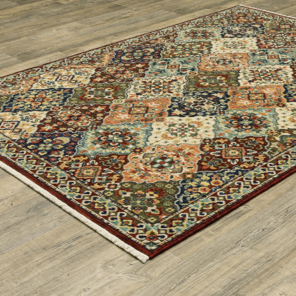 10 x 13 Red Rust Navy Light Blue Brown Orange Ivory & Gold Oriental Power Loom Stain Resistant Rug With Fringe