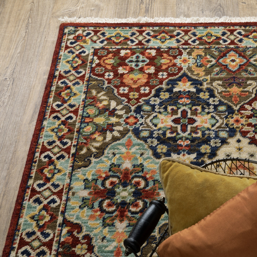 10 x 13 Red Rust Navy Light Blue Brown Orange Ivory & Gold Oriental Power Loom Stain Resistant Rug With Fringe