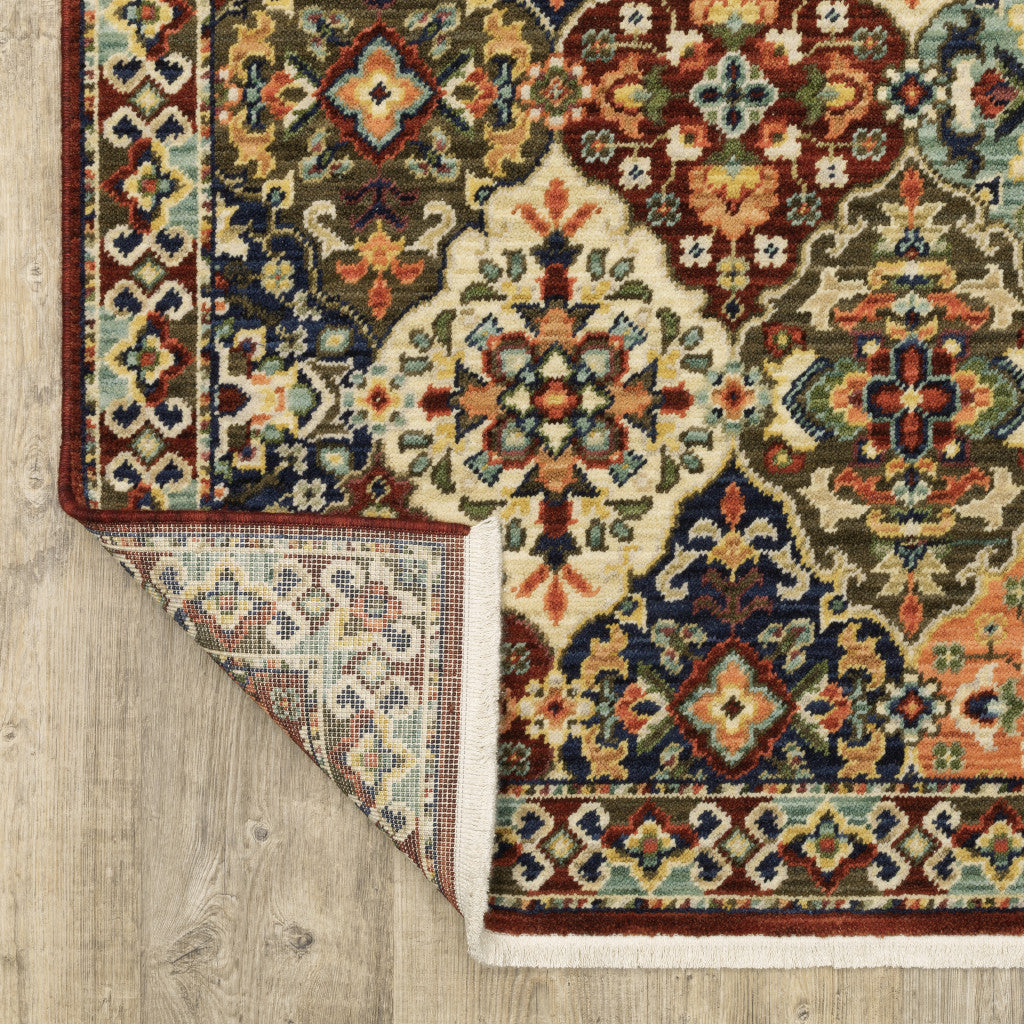 10 x 13 Red Rust Navy Light Blue Brown Orange Ivory & Gold Oriental Power Loom Stain Resistant Rug With Fringe