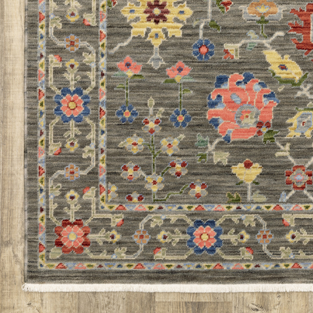 10 x 13 Grey Salmon Pink Gold Blue Rust Deep Blue Ivory & Green Oriental Power Loom Stain Resistant Rug With Fringe