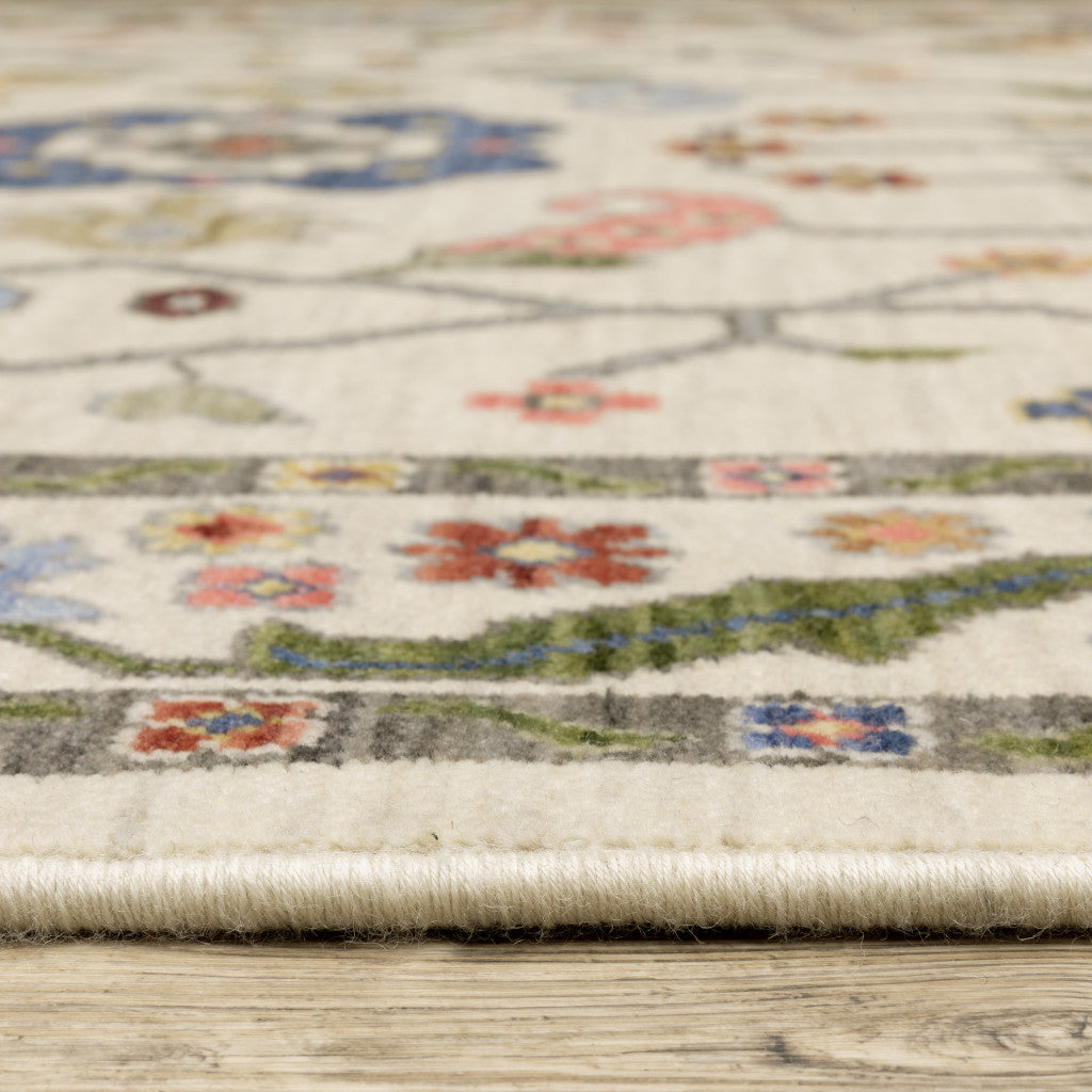 10 x 13 Ivory Green Blues Pink Yellow Rust Brown Tan & Grey Oriental Power Loom Stain Resistant Rug With Fringe