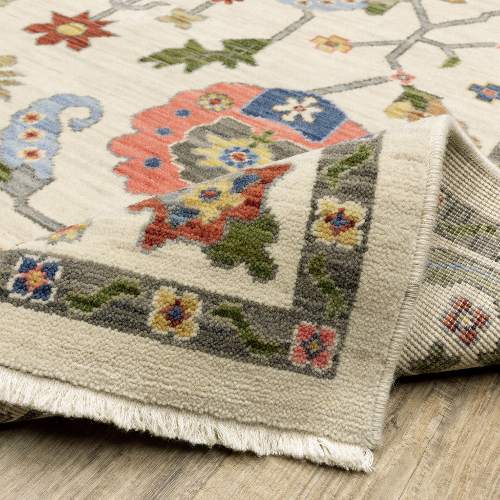 10 x 13 Ivory Green Blues Pink Yellow Rust Brown Tan & Grey Oriental Power Loom Stain Resistant Rug With Fringe
