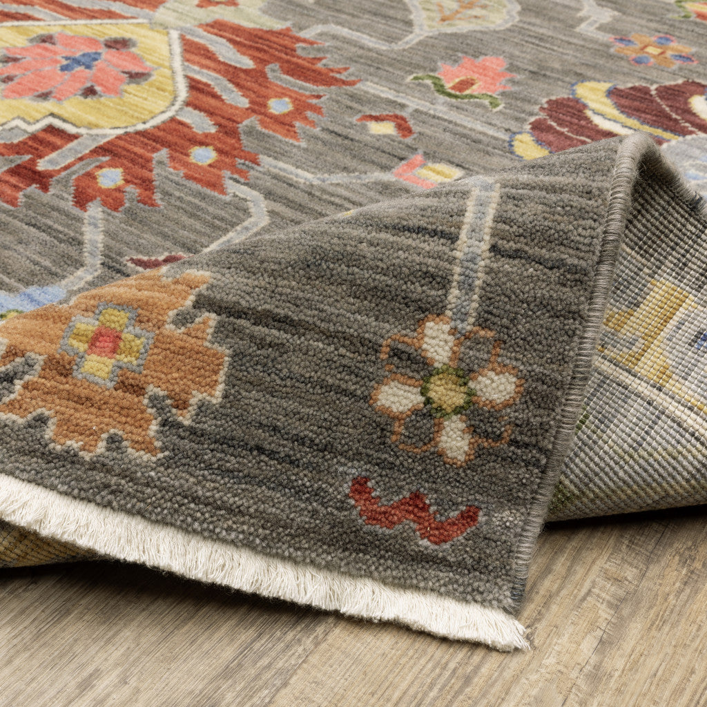 10 x 13 Grey Charcoal Yellow Blue Rust Red Pink Green & Ivory Oriental Power Loom Stain Resistant Rug With Fringe