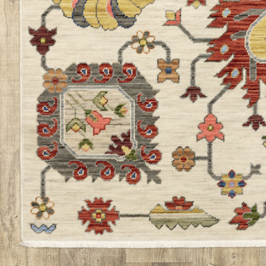 10 x 13 Ivory Yellow Rust Green Grey Pink Orange Blue & Grey Oriental Power Loom Stain Resistant Rug With Fringe