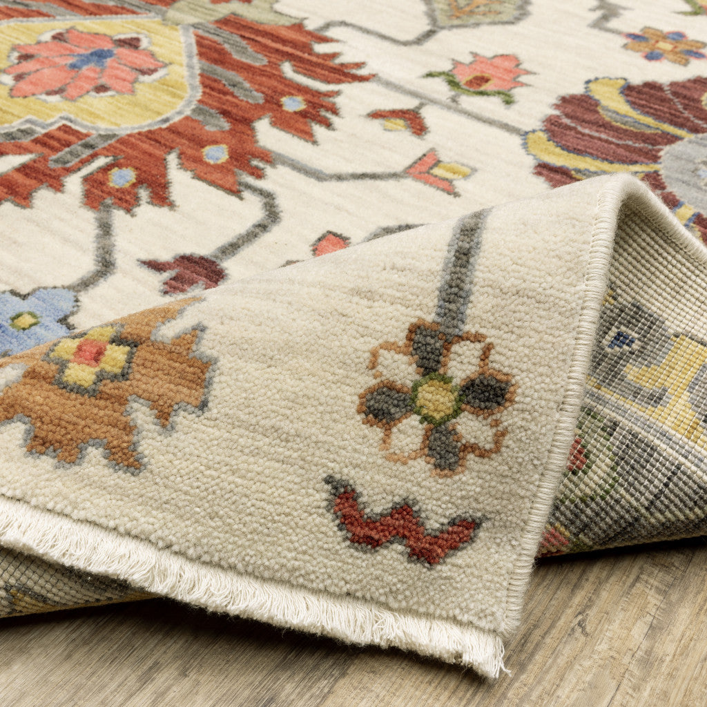 10 x 13 Ivory Yellow Rust Green Grey Pink Orange Blue & Grey Oriental Power Loom Stain Resistant Rug With Fringe