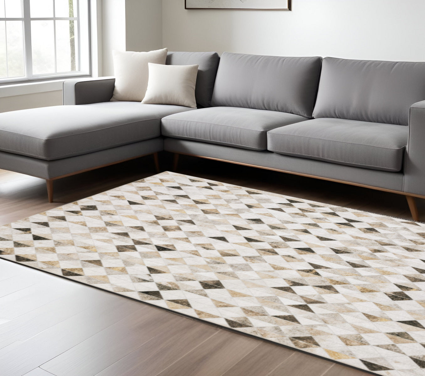 8 x 10 Beige Brown Grey & Ivory Geometric Power Loom Stain Resistant Rug