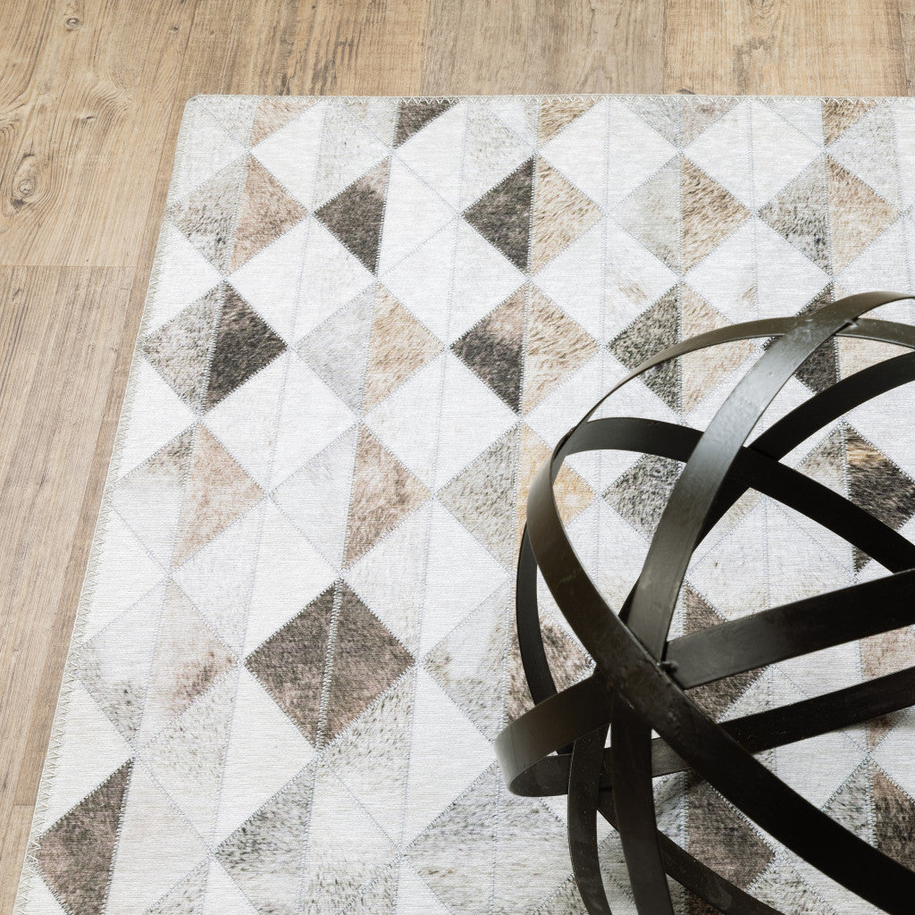 8 x 10 Beige Brown Grey & Ivory Geometric Power Loom Stain Resistant Rug