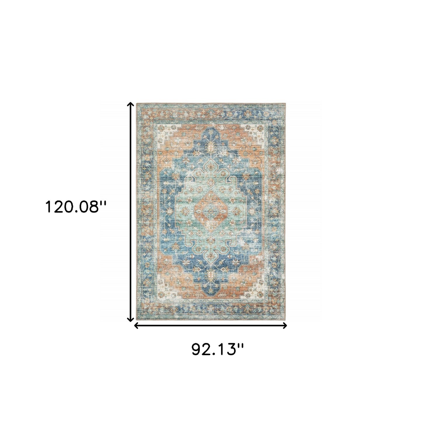 8 x 10 Orange Blue Teal Green & Beige Oriental Power Loom Stain Resistant Rug