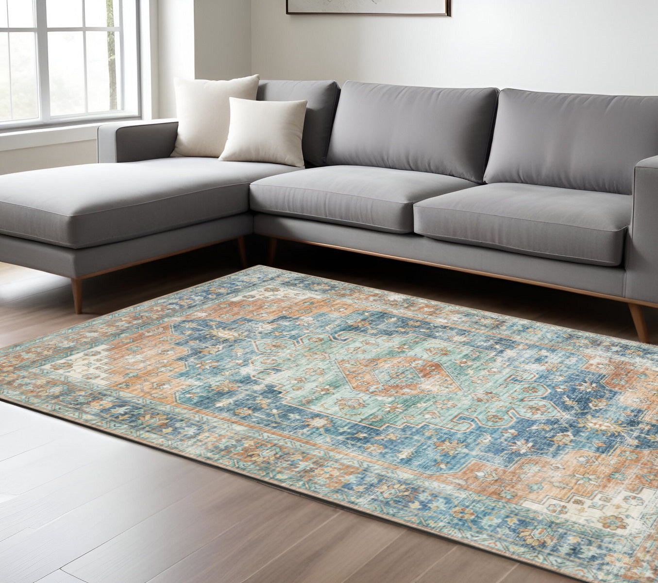 8 x 10 Orange Blue Teal Green & Beige Oriental Power Loom Stain Resistant Rug