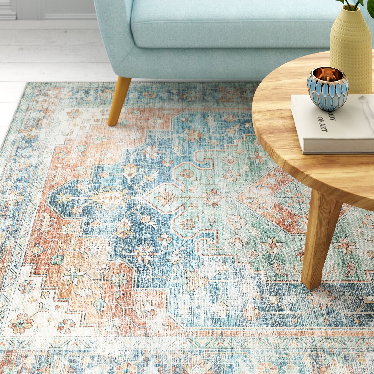 8 x 10 Orange Blue Teal Green & Beige Oriental Power Loom Stain Resistant Rug