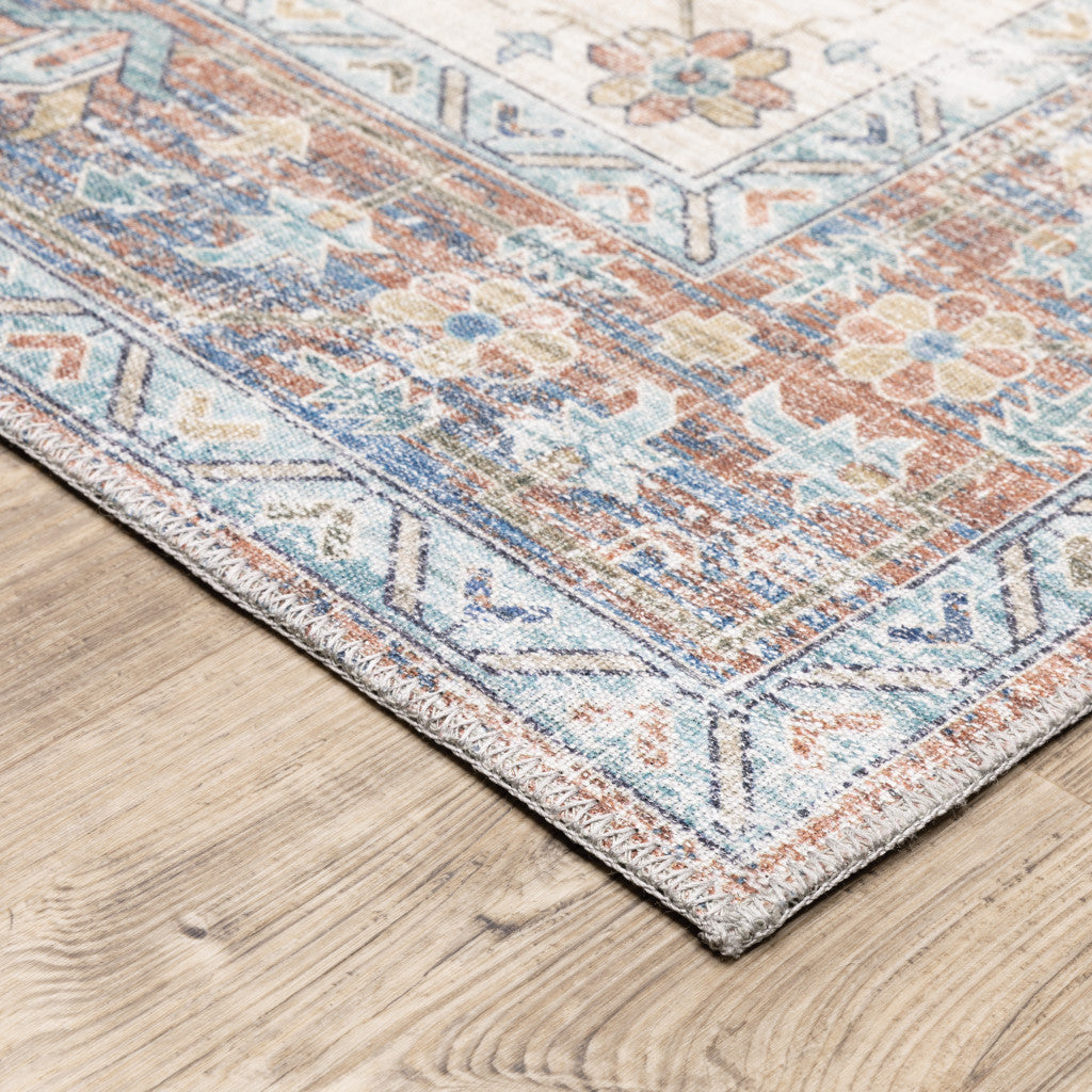 8 x 10 Orange Blue Teal Green & Beige Oriental Power Loom Stain Resistant Rug