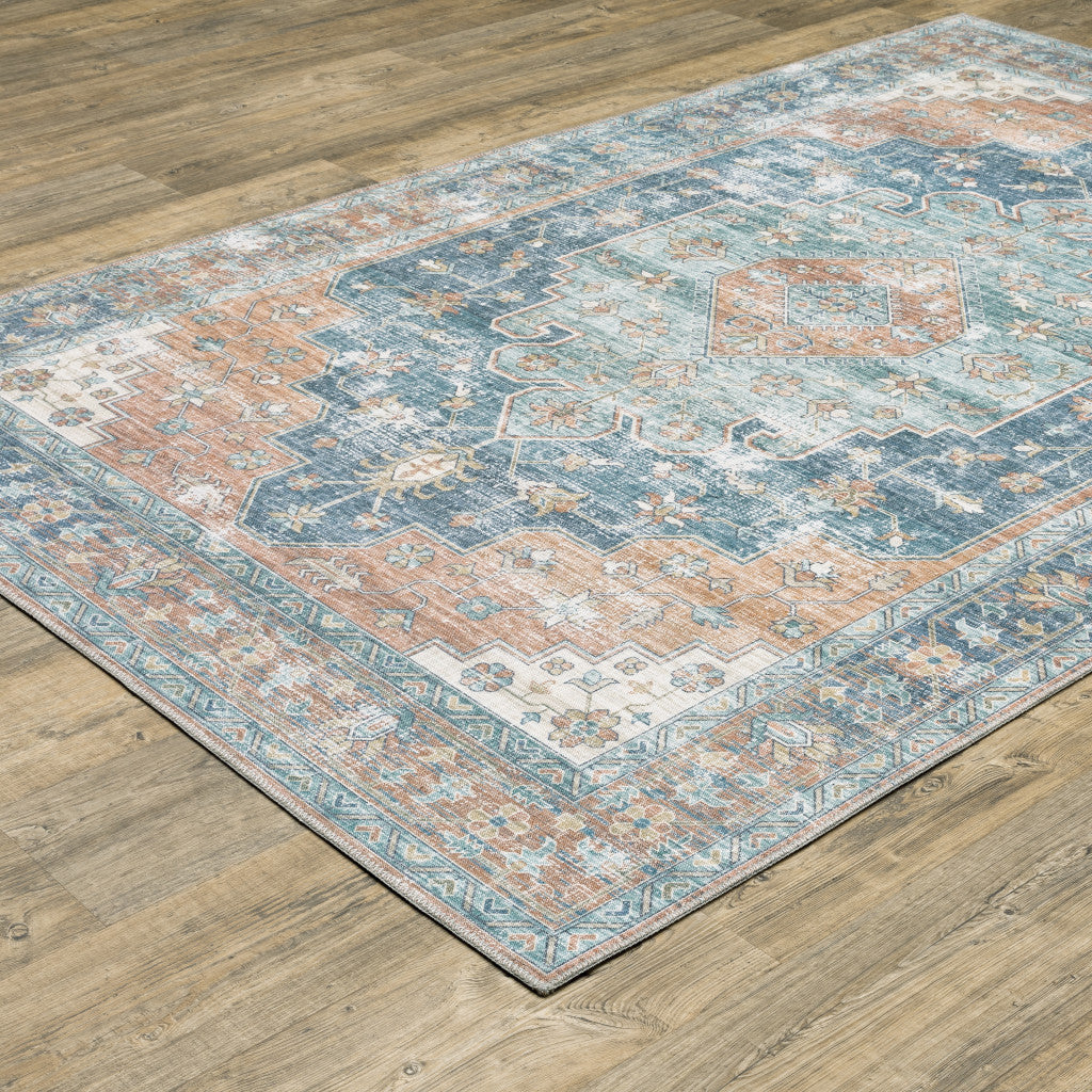 8 x 10 Orange Blue Teal Green & Beige Oriental Power Loom Stain Resistant Rug