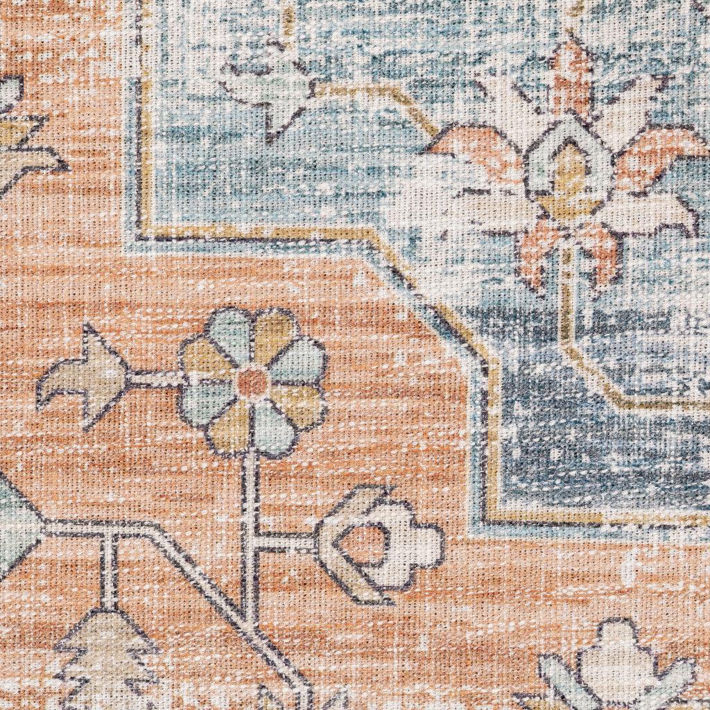 8 x 10 Orange Blue Teal Green & Beige Oriental Power Loom Stain Resistant Rug