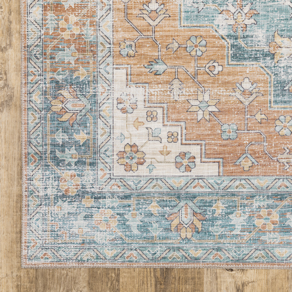 8 x 10 Orange Blue Teal Green & Beige Oriental Power Loom Stain Resistant Rug