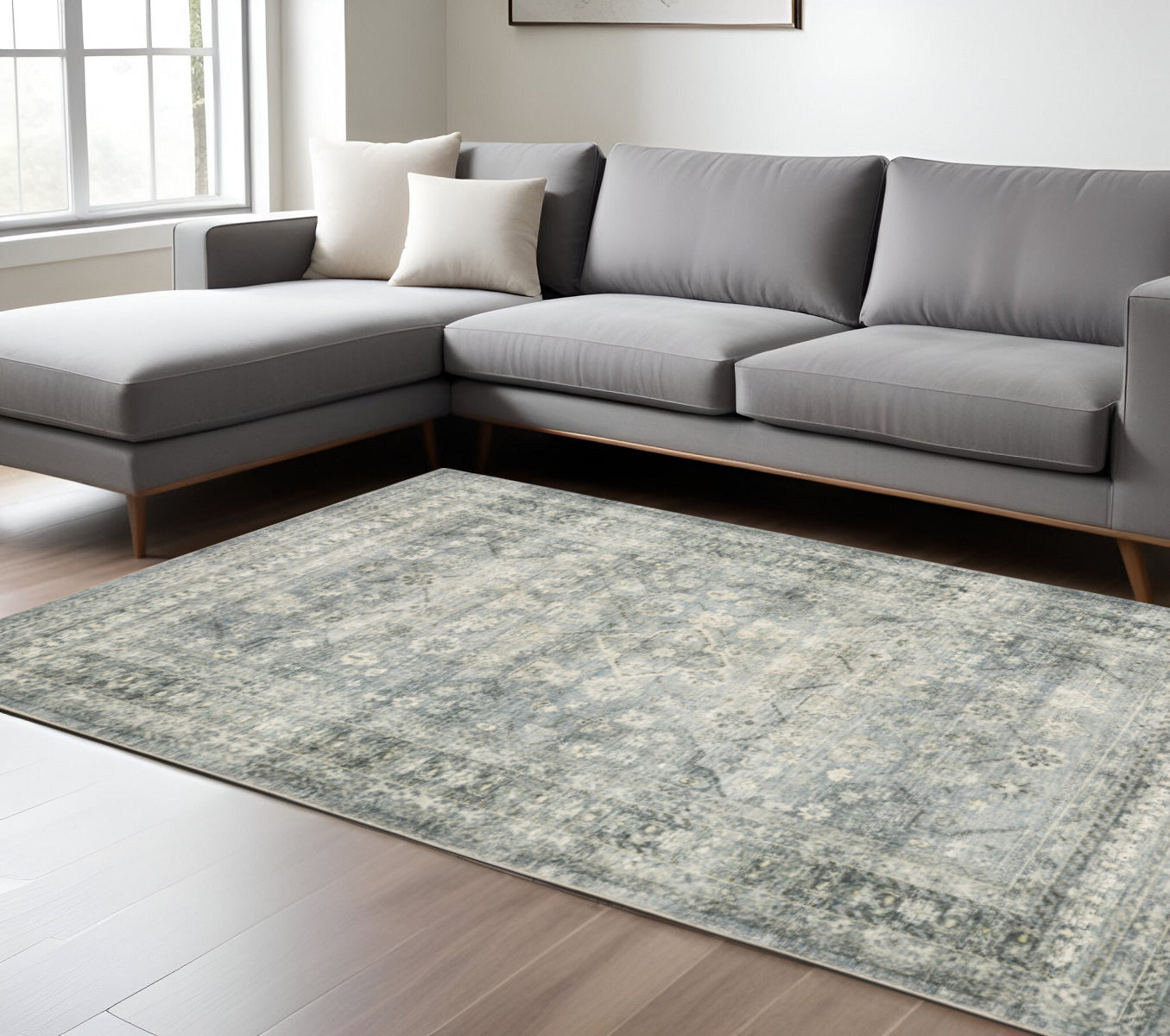 8 x 10 Blue Ivory & Grey Oriental Power Loom Stain Resistant Rug
