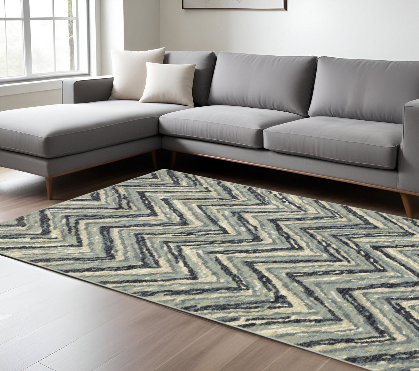 10 x 13 Blue Ivory Grey Beige & Light Blue Geometric Power Loom Stain Resistant Rug