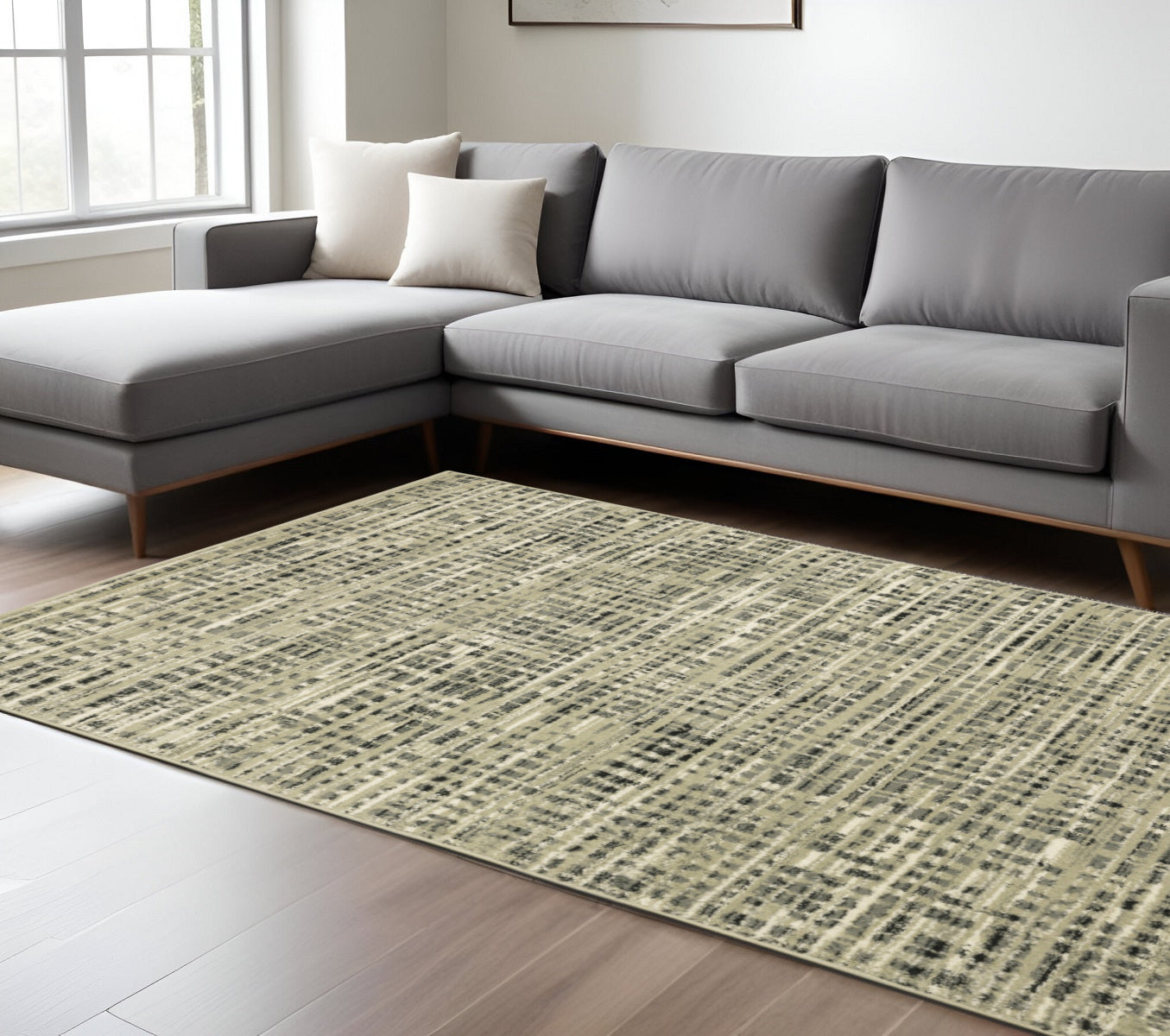 10 x 13 Beige Grey Ivory & Sage Blue Geometric Power Loom Stain Resistant Rug