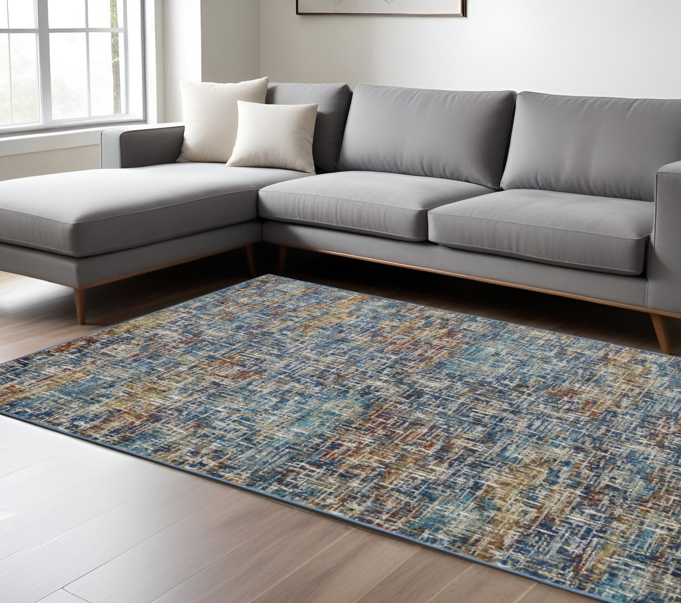 10 x 13 Blue Teal Gold Rust & Beige Power Loom Stain Resistant Rug