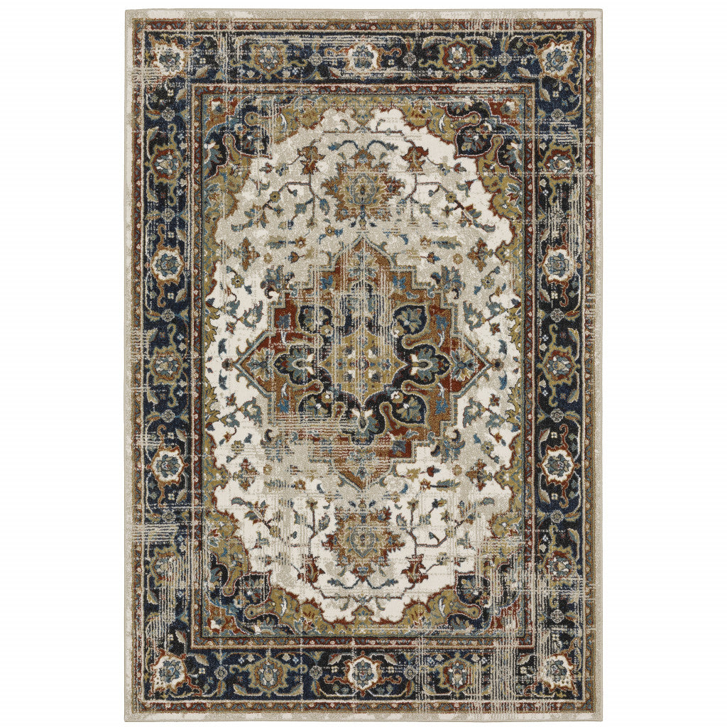 10 x 13 Beige Blue Green Rust & Grey Oriental Power Loom Stain Resistant Rug