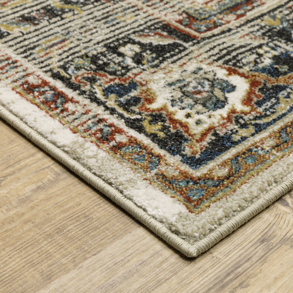 10 x 13 Beige Blue Green Rust & Grey Oriental Power Loom Stain Resistant Rug