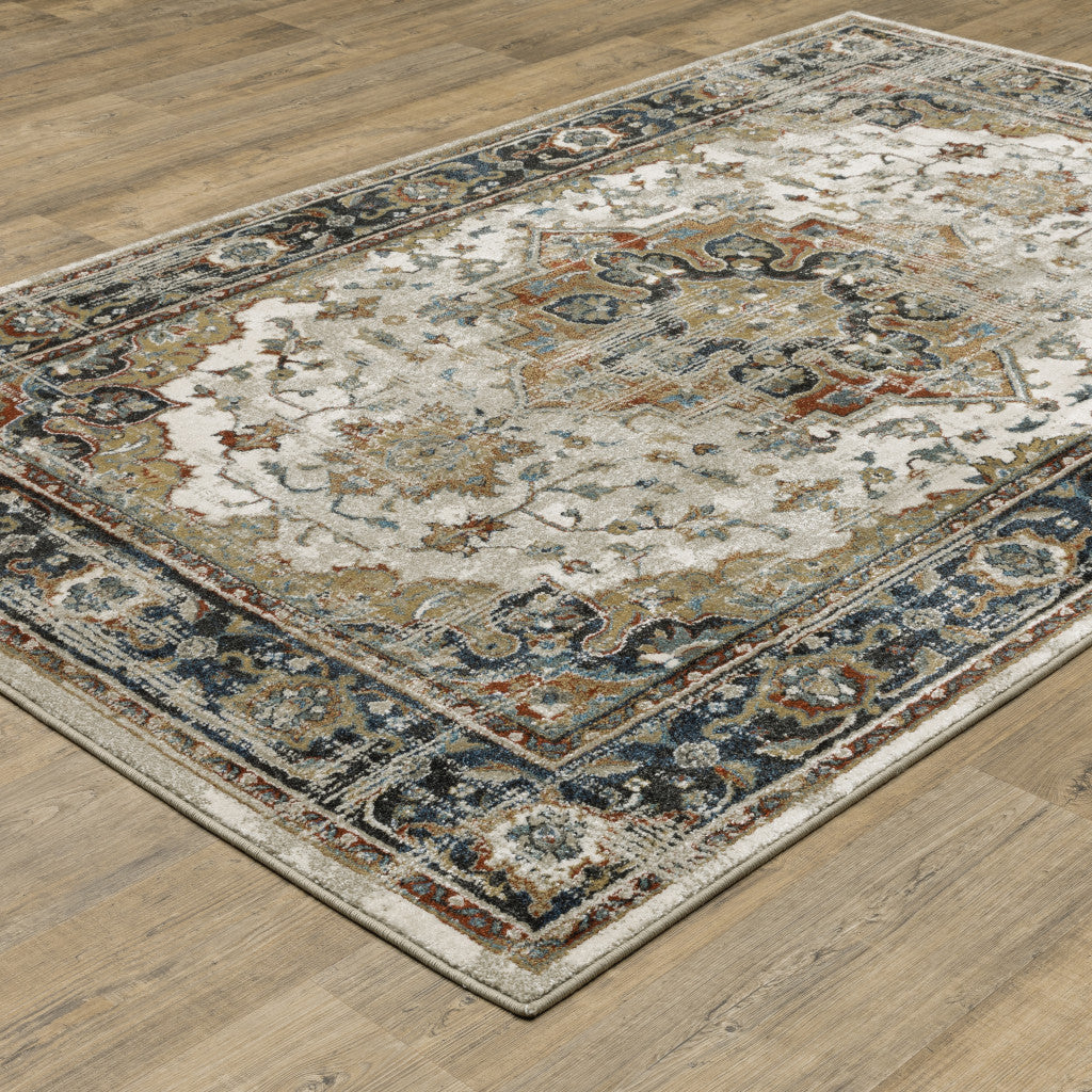 10 x 13 Beige Blue Green Rust & Grey Oriental Power Loom Stain Resistant Rug