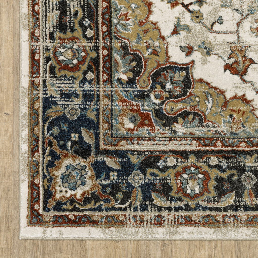 10 x 13 Beige Blue Green Rust & Grey Oriental Power Loom Stain Resistant Rug