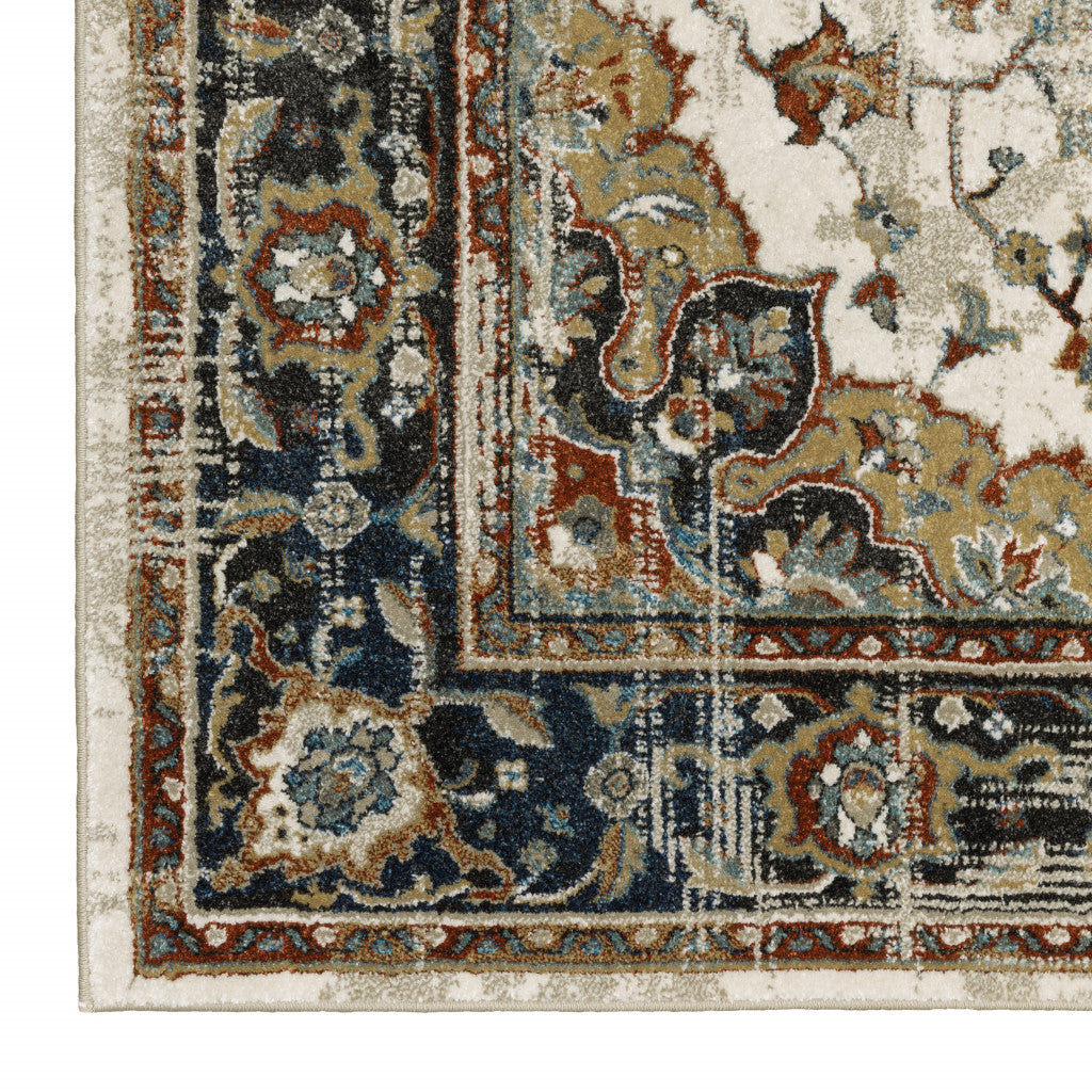 10 x 13 Beige Blue Green Rust & Grey Oriental Power Loom Stain Resistant Rug