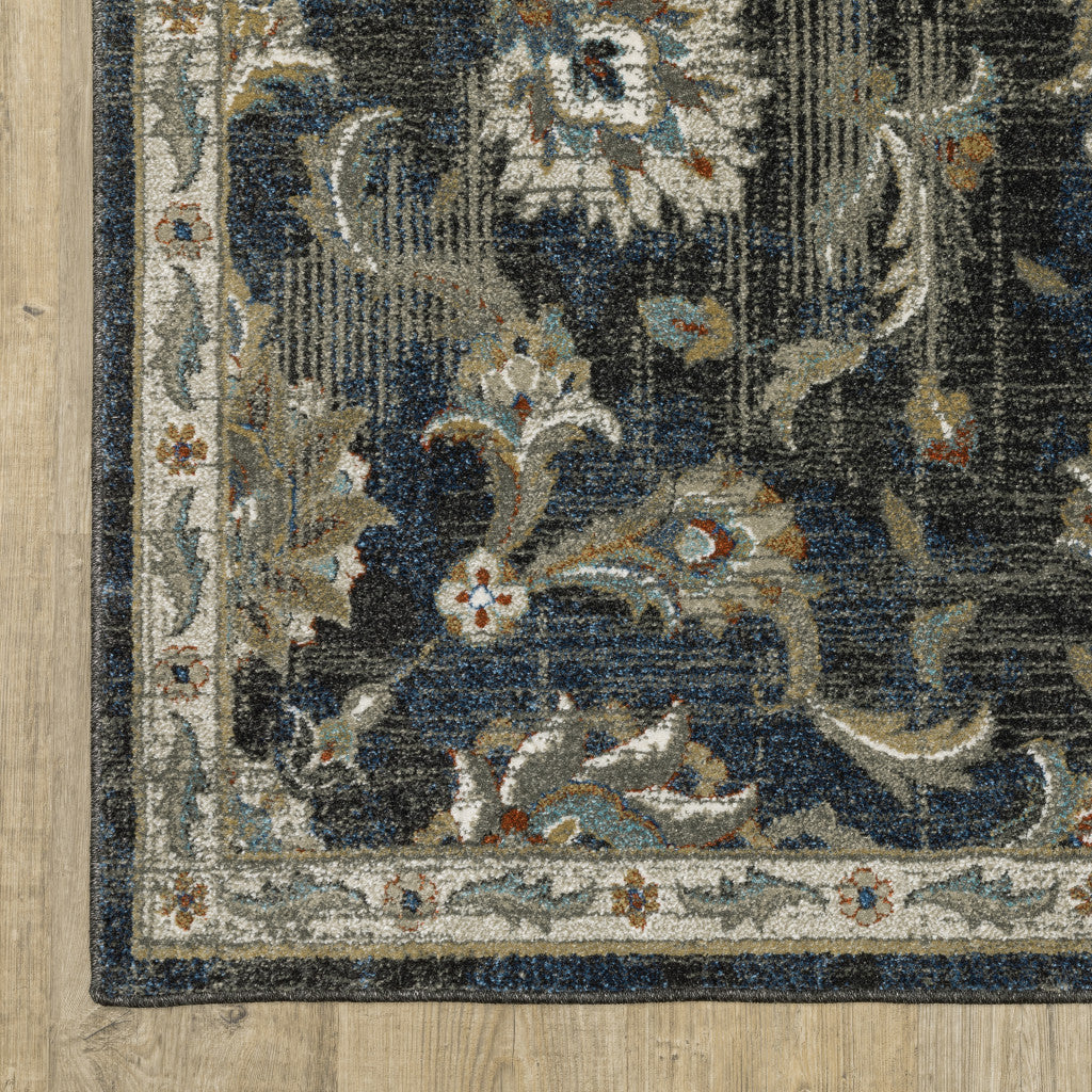10 x 13 Charcoal Blue Gold Rust & Beige Oriental Power Loom Stain Resistant Rug