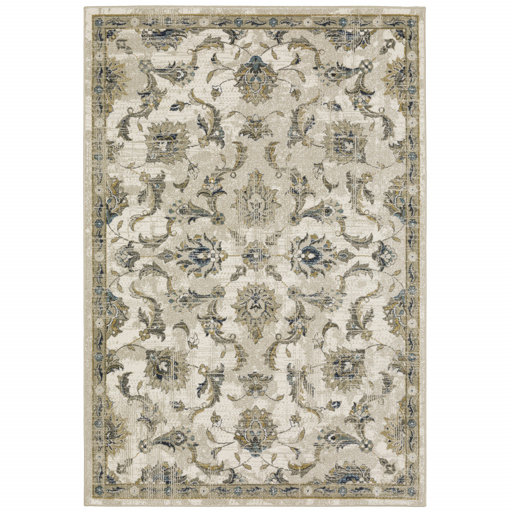 10 x 13 Beige Gold Blue & Grey Oriental Power Loom Stain Resistant Rug