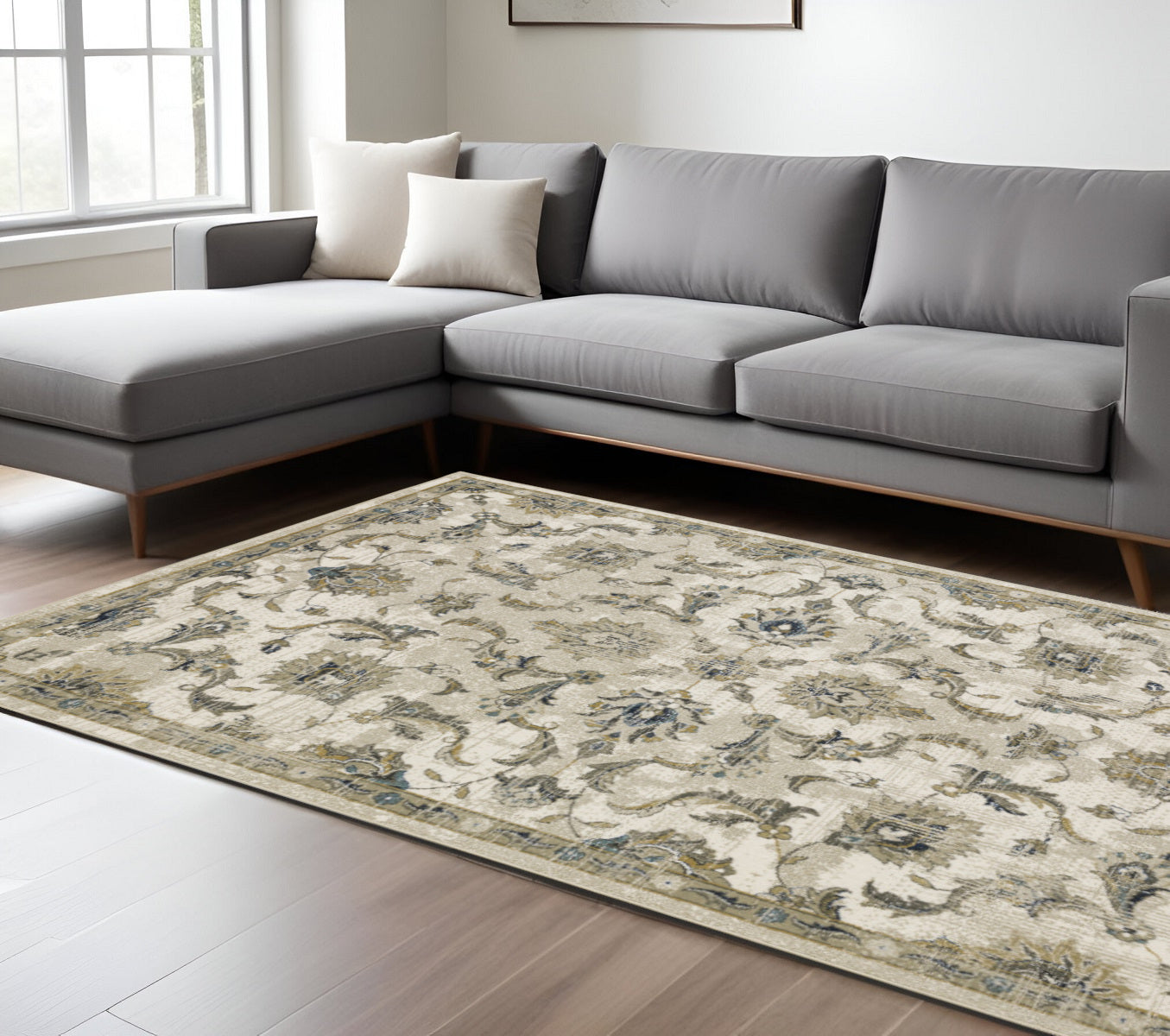 10 x 13 Beige Gold Blue & Grey Oriental Power Loom Stain Resistant Rug