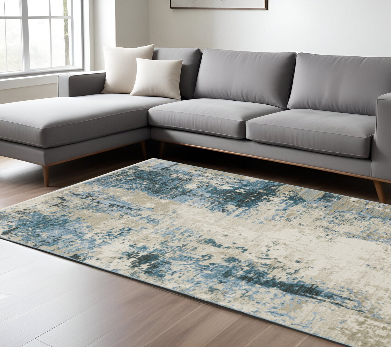 10 x 13 Blue Grey Ivory Light Blue & Dark Blue Power Loom Stain Resistant Rug With Fringe