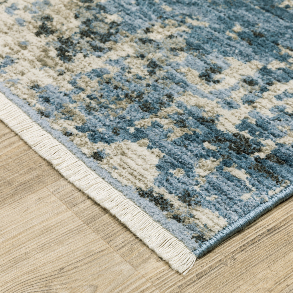 10 x 13 Blue Grey Ivory Light Blue & Dark Blue Power Loom Stain Resistant Rug With Fringe