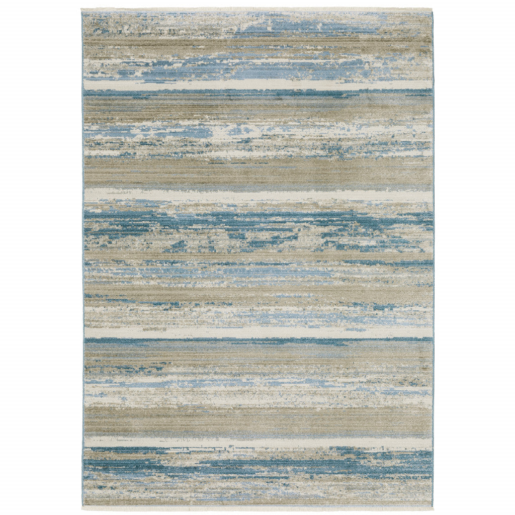 10 x 13 Ivory Beige Grey Blue & Tan Power Loom Stain Resistant Rug With Fringe