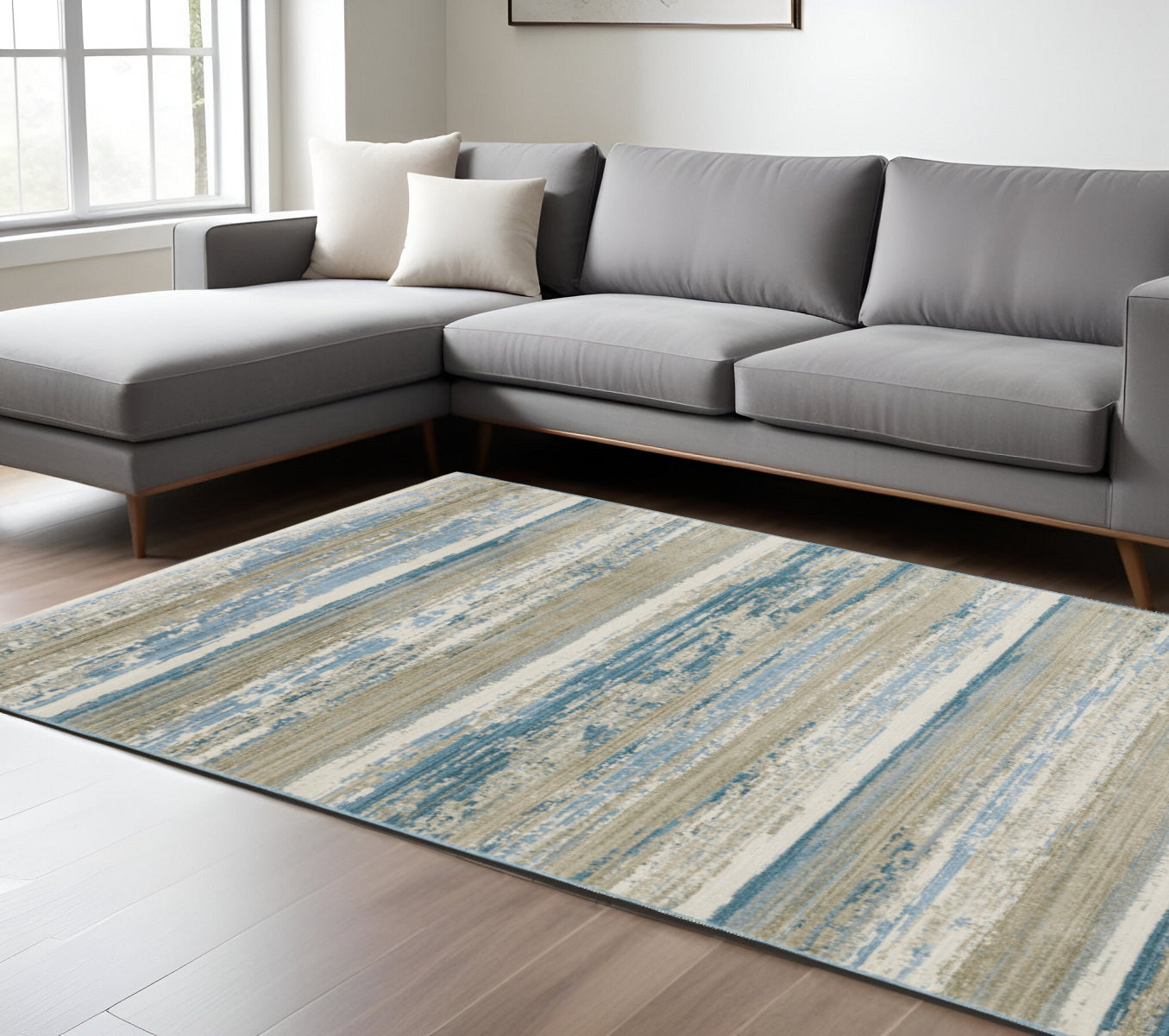 10 x 13 Ivory Beige Grey Blue & Tan Power Loom Stain Resistant Rug With Fringe