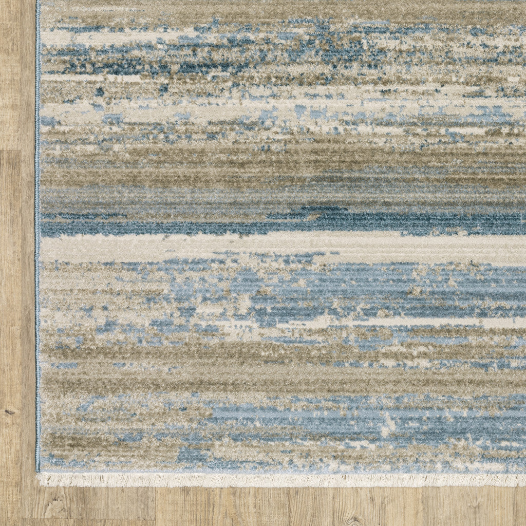 10 x 13 Ivory Beige Grey Blue & Tan Power Loom Stain Resistant Rug With Fringe