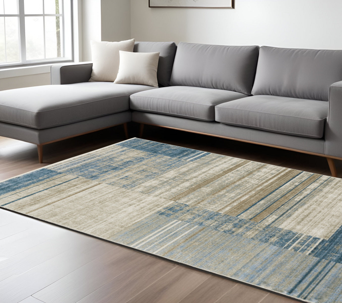 10 x 13 Blue Dark Blue Teal Grey Ivory Beige & Tan Geometric Power Loom Stain Resistant Rug With Fringe